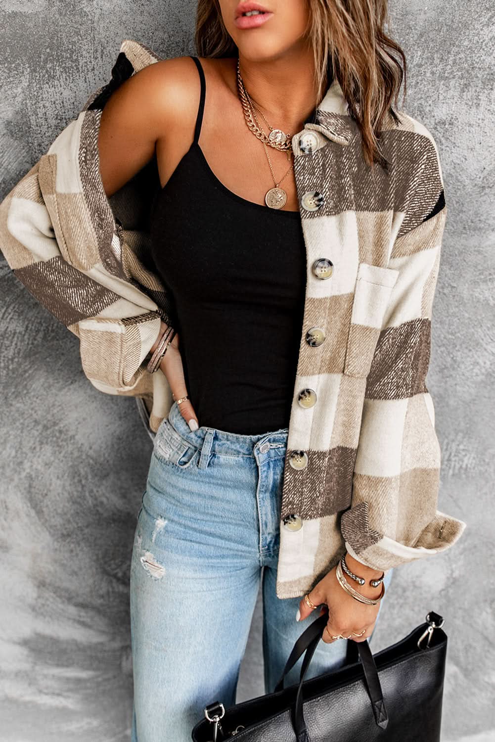 Khaki Plaid Color Block Shacket With Buttoned Pockets