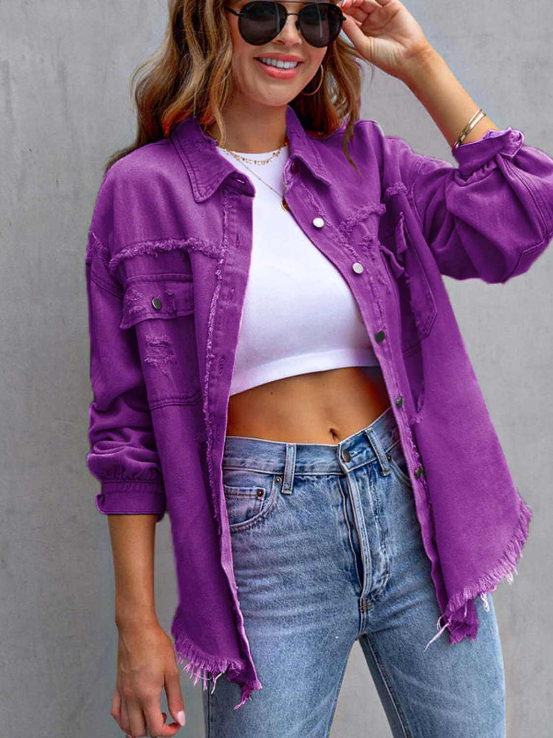 Distressed Drop Shoulder Fringe Denim Jacket Cotton Blend