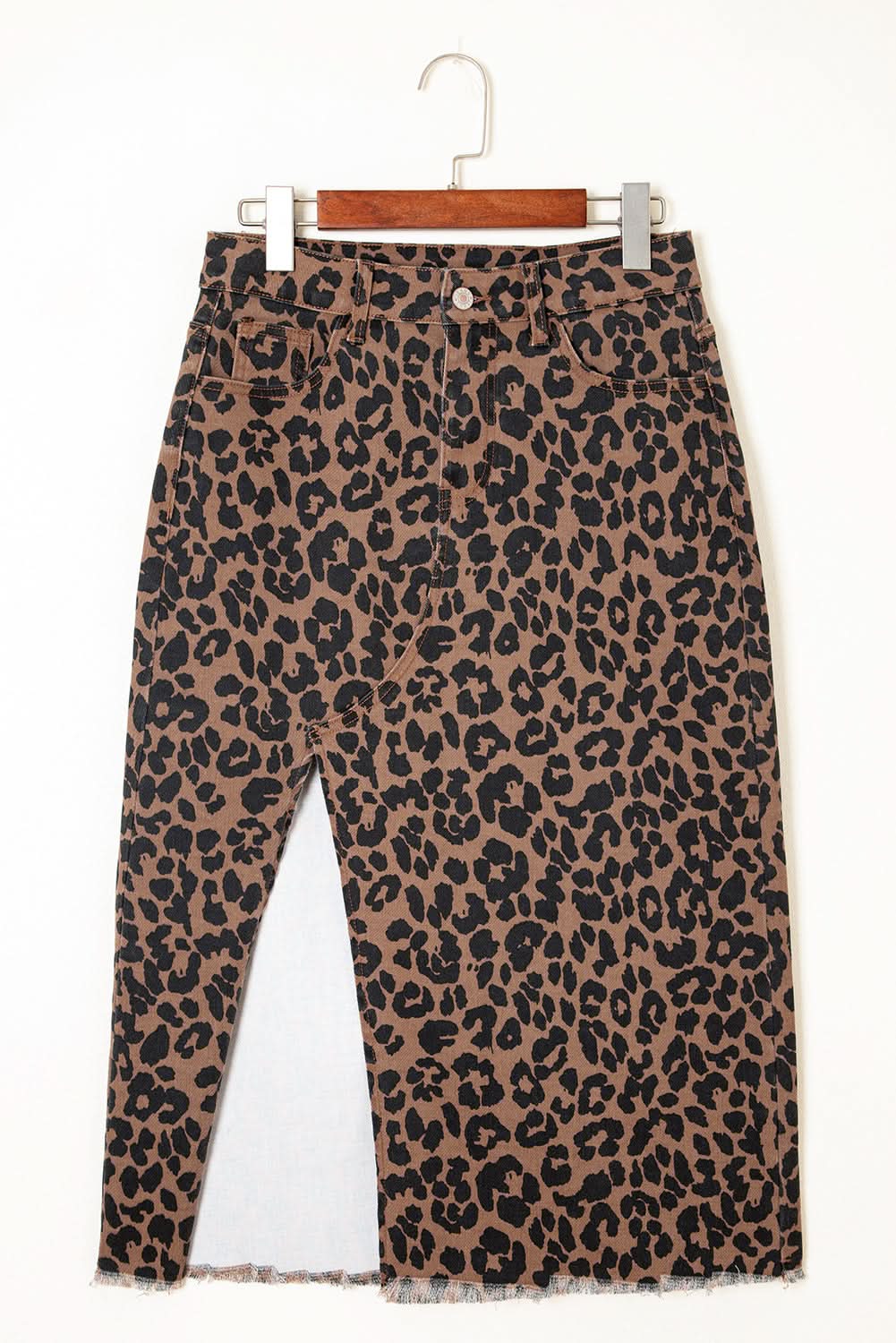 Brown Leopard Frayed Split Denim Midi Skirt With Pockets
