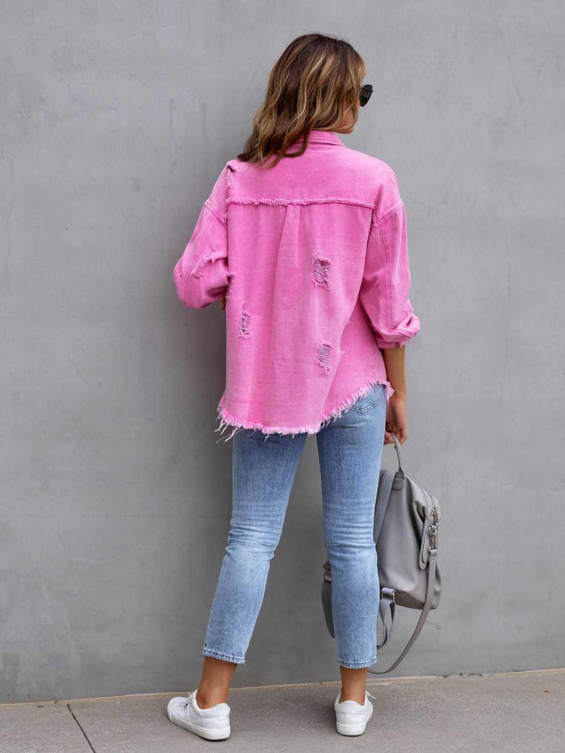 Distressed Drop Shoulder Fringe Denim Jacket Cotton Blend
