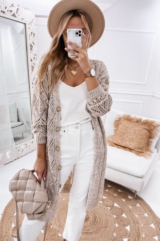 Eyelet Cardigan with Buttons Cream Black Pink Cotton Knit