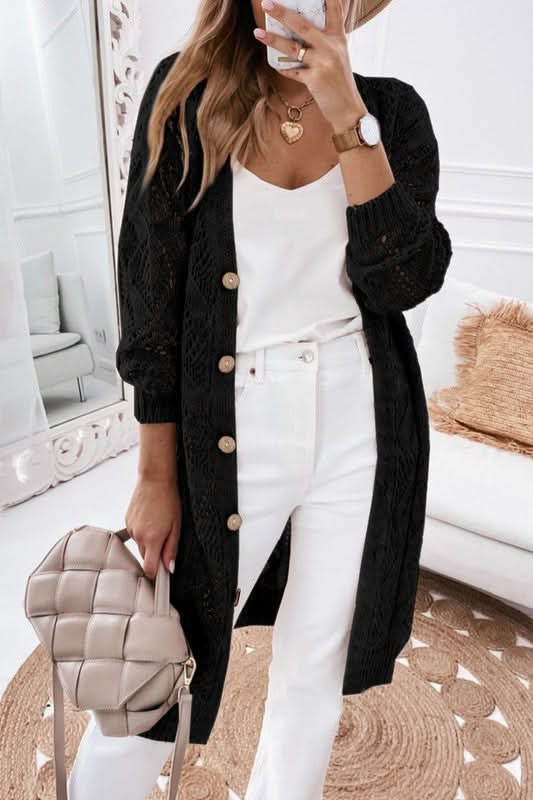 Eyelet Cardigan with Buttons Cream Black Pink Cotton Knit