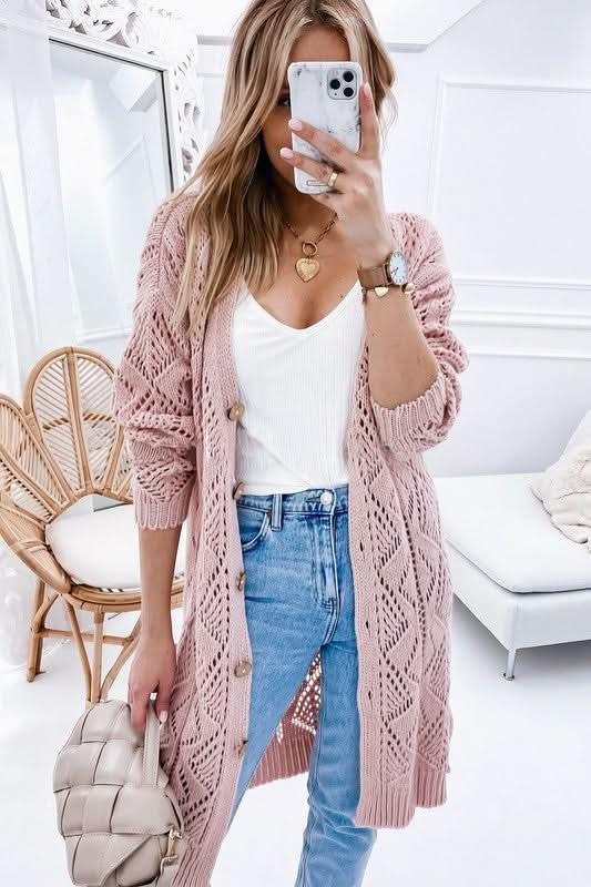Eyelet Cardigan with Buttons Cream Black Pink Cotton Knit