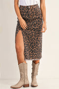 Brown Leopard Frayed Split Denim Midi Skirt With Pockets