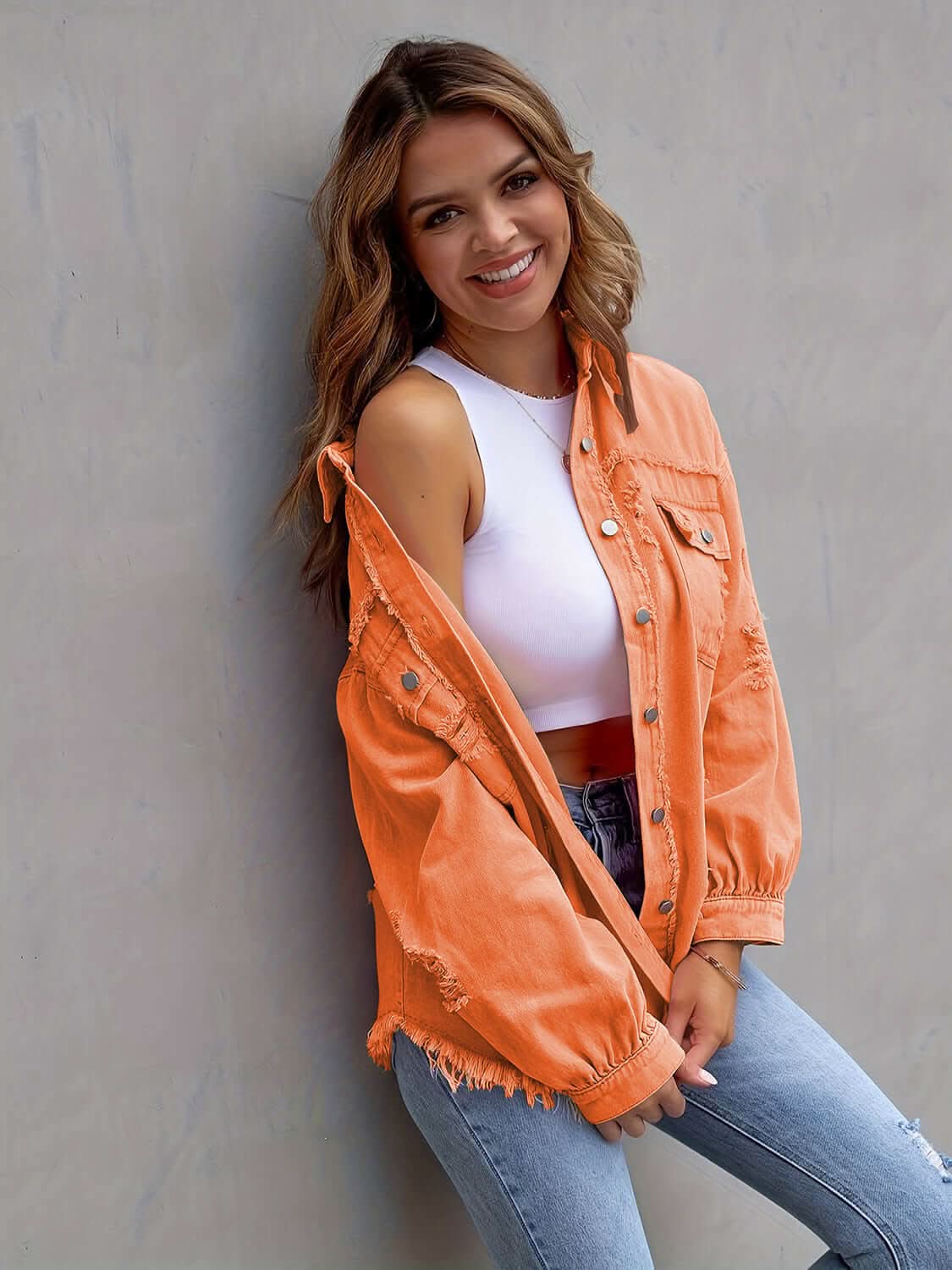 Distressed Drop Shoulder Fringe Denim Jacket Cotton Blend