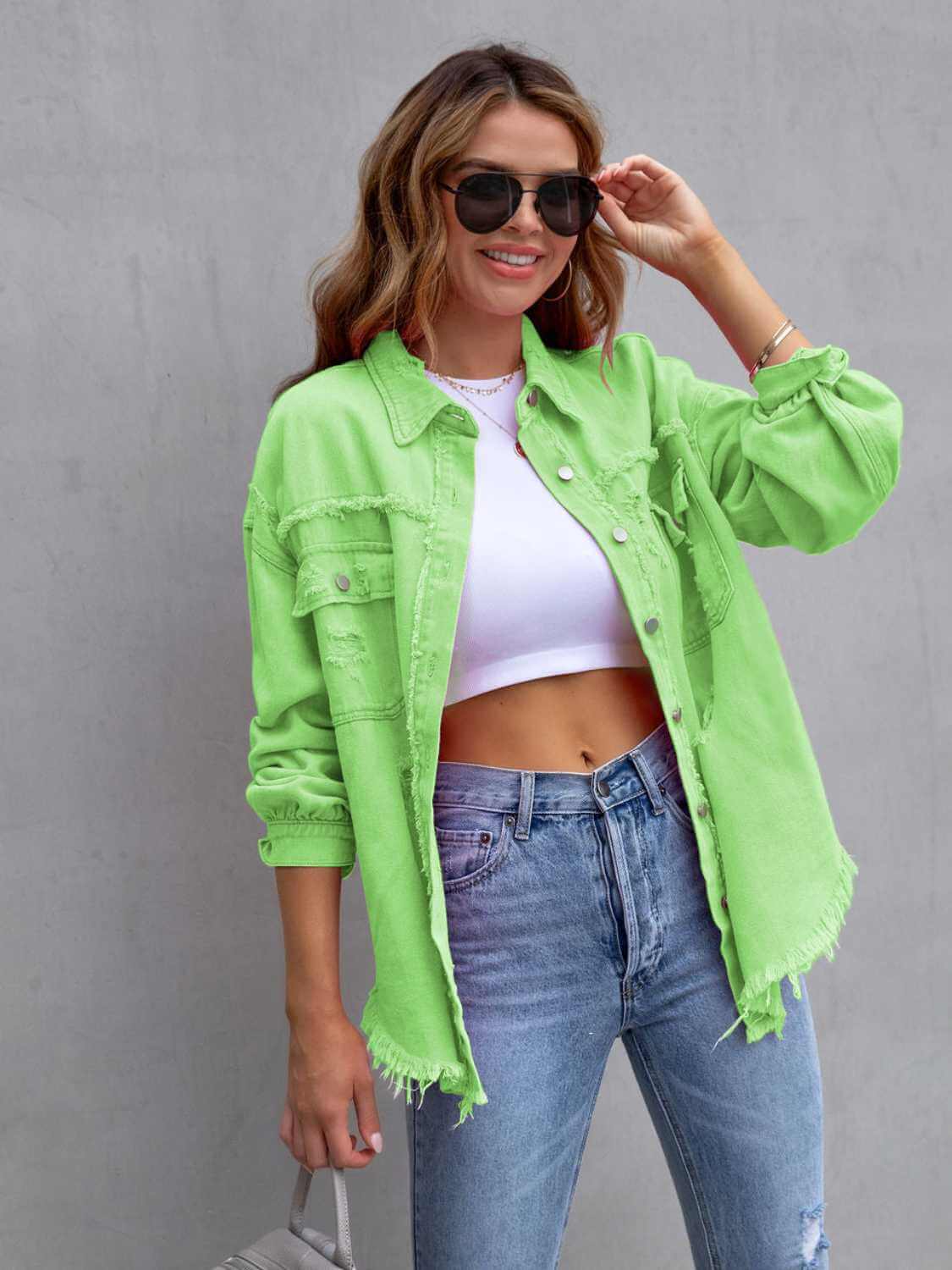 Distressed Drop Shoulder Fringe Denim Jacket Cotton Blend