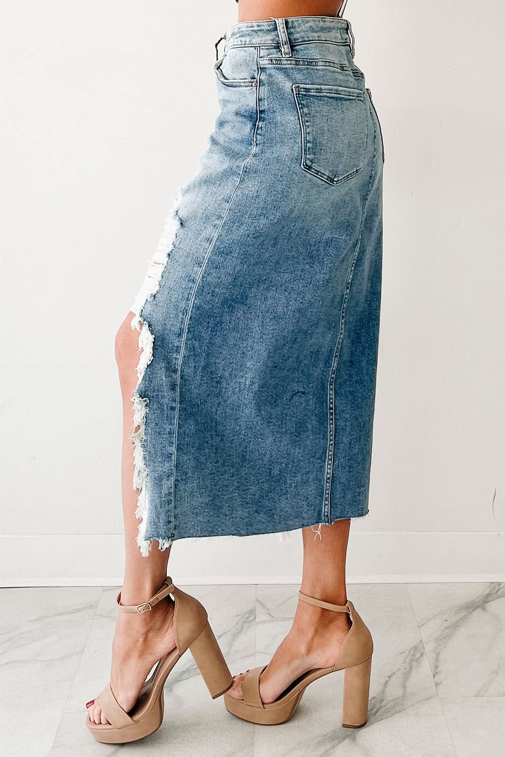 Myosotis Distressed Hem Denim Midi Skirt Irregular Look
