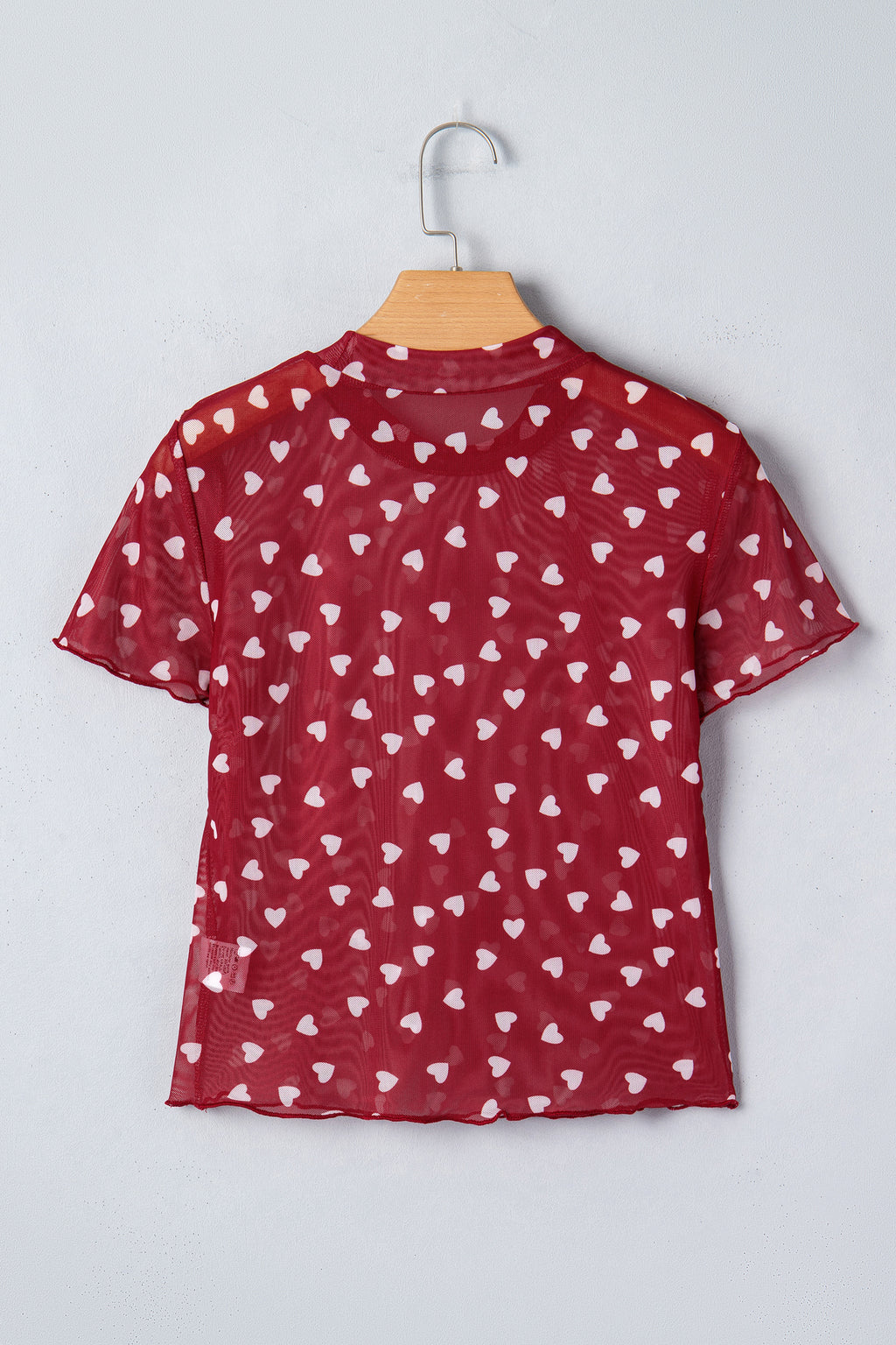 Red Allover Heart Print Mesh Short Sleeve Top