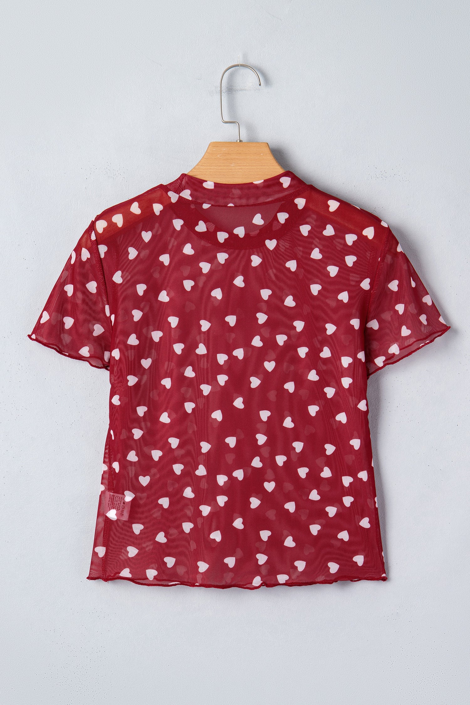 Red Allover Heart Print Mesh Short Sleeve Top