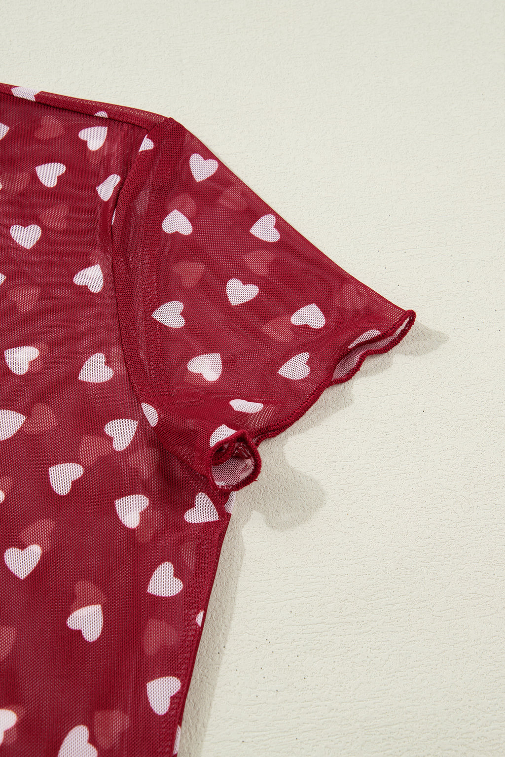 Red Allover Heart Print Mesh Short Sleeve Top