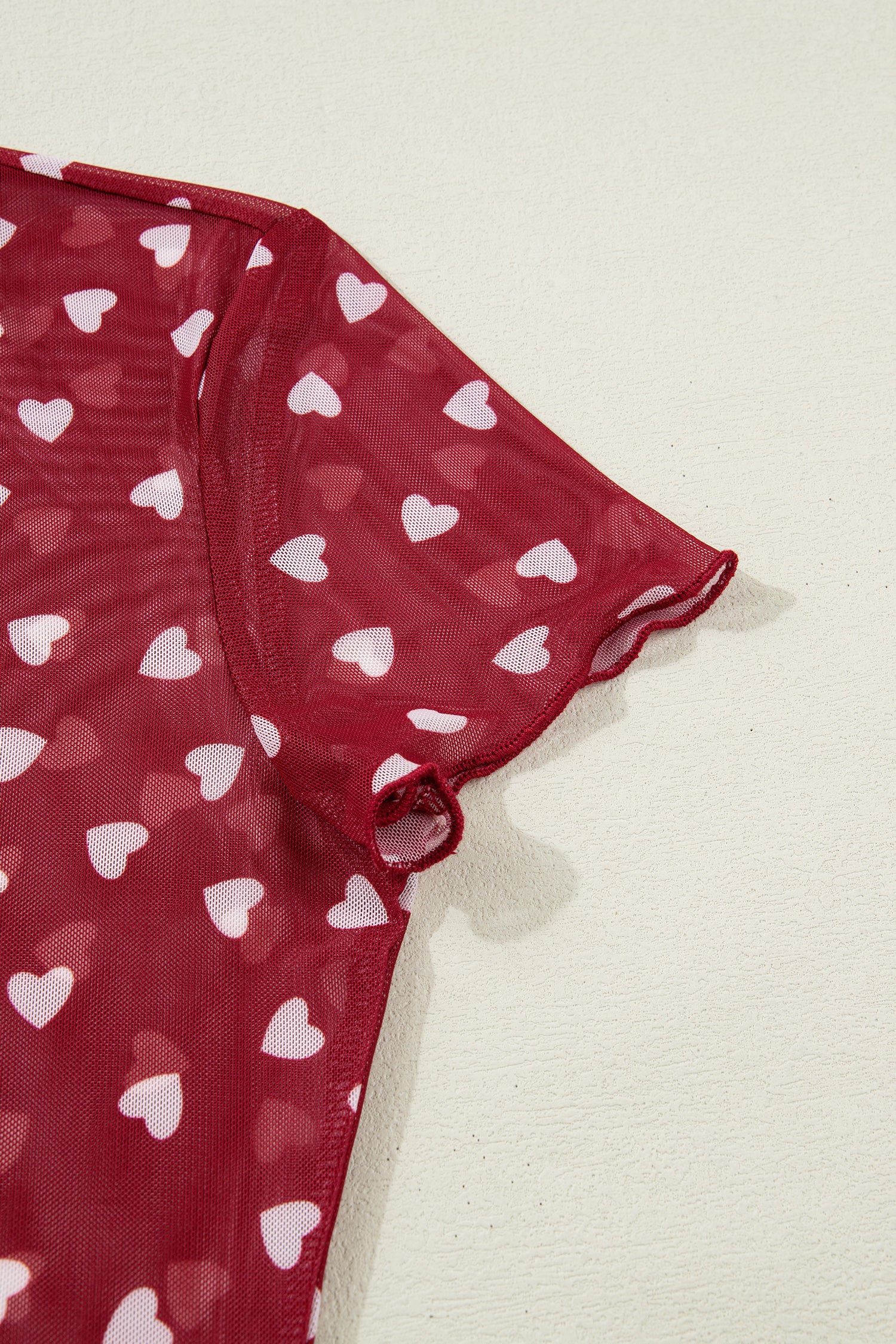 Red Allover Heart Print Mesh Short Sleeve Top