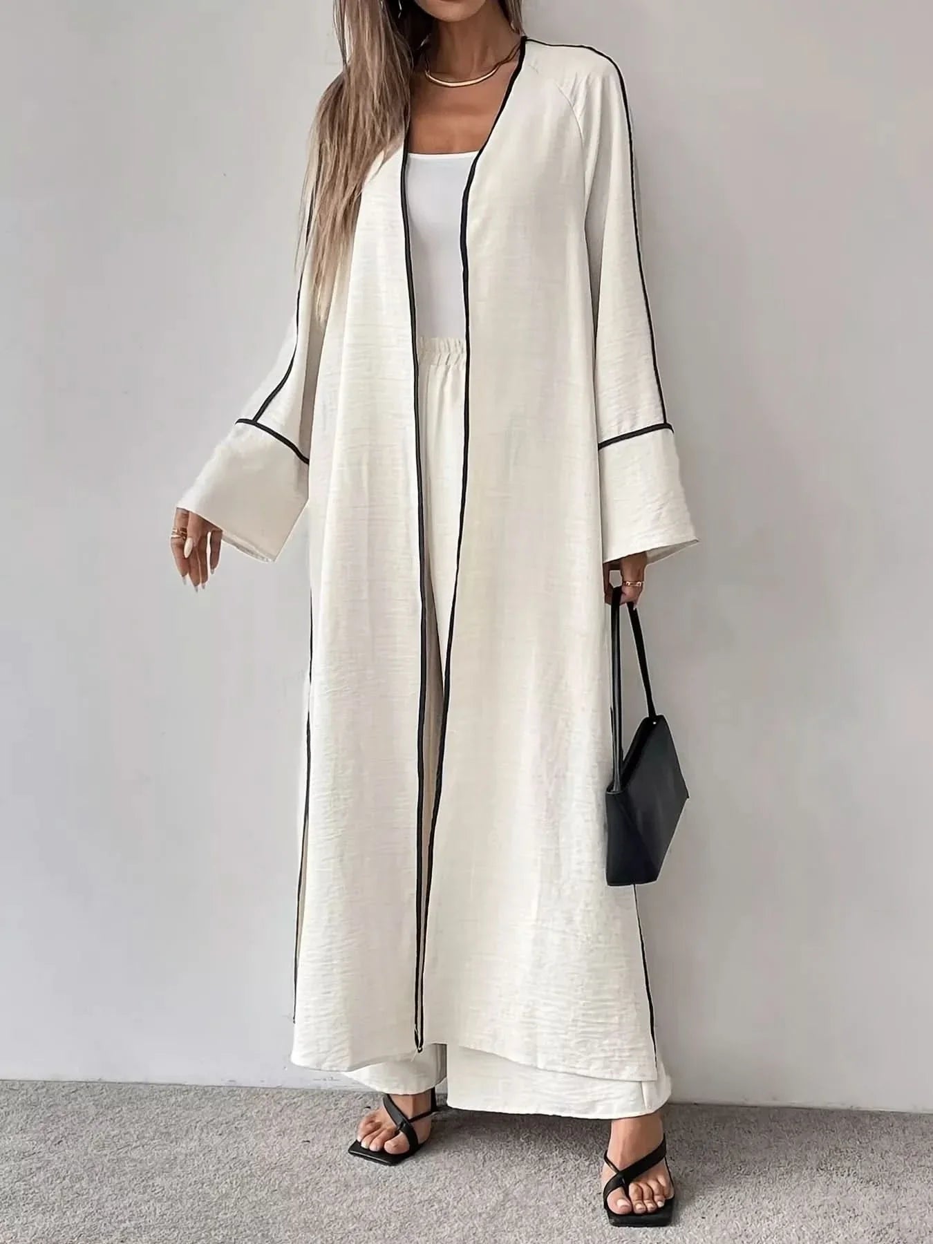 Contrast Trim Cardigan And Pants Set Two Piece Polyester Imported
