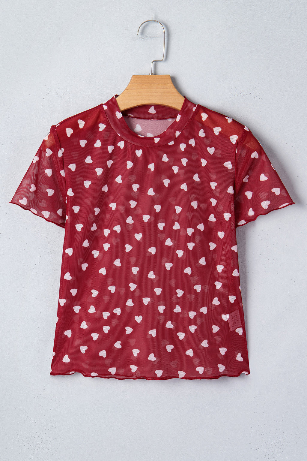 Red Allover Heart Print Mesh Short Sleeve Top