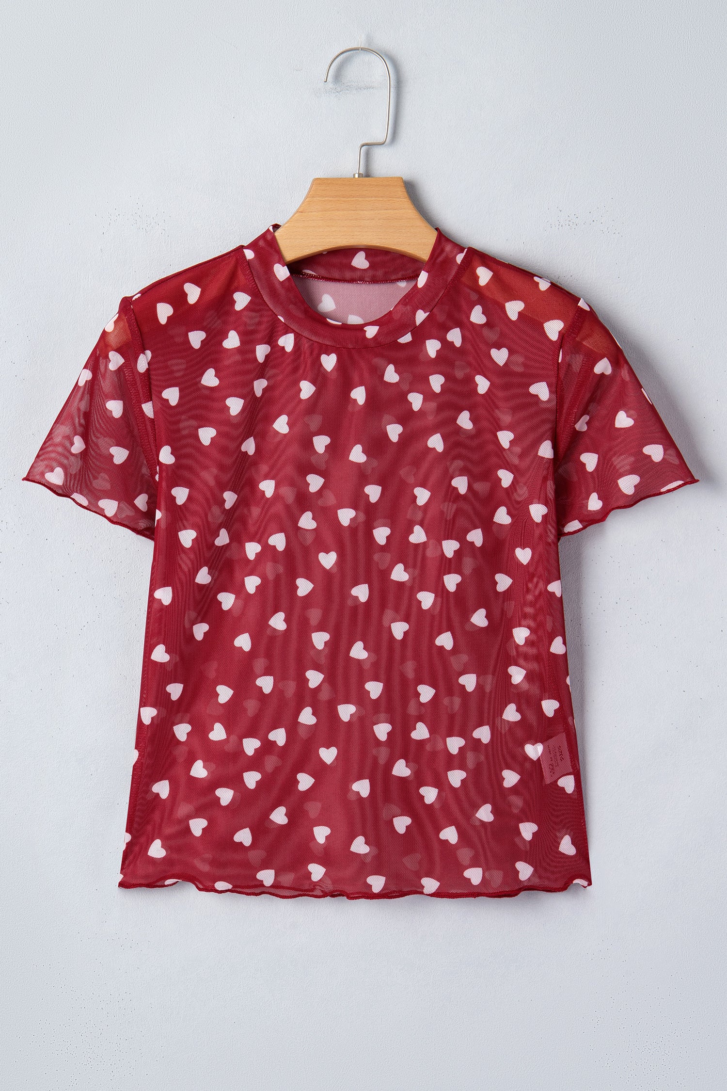 Red Allover Heart Print Mesh Short Sleeve Top
