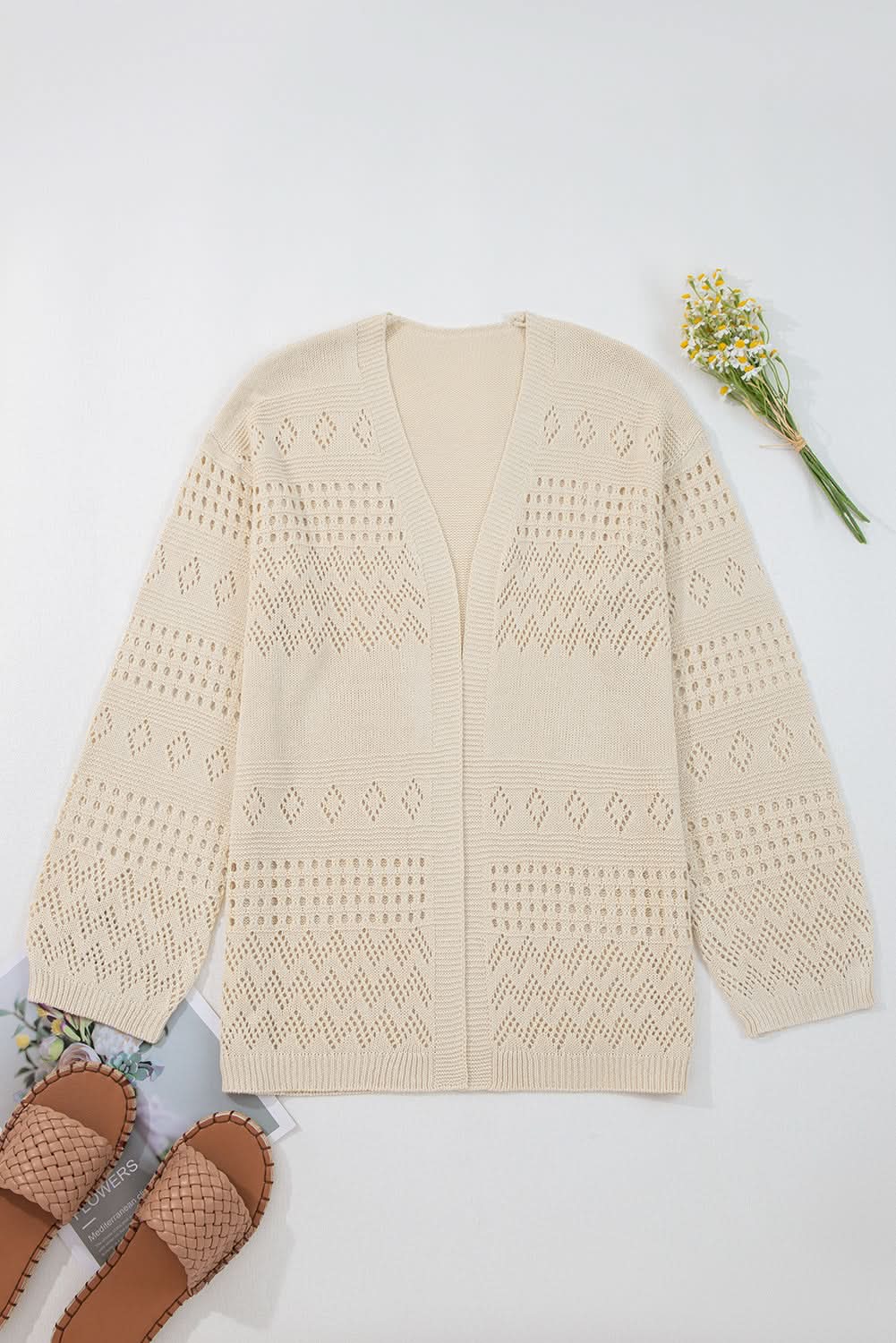 Smoke Gray Hollow Knit Cardigan With Eyelet Cutouts
