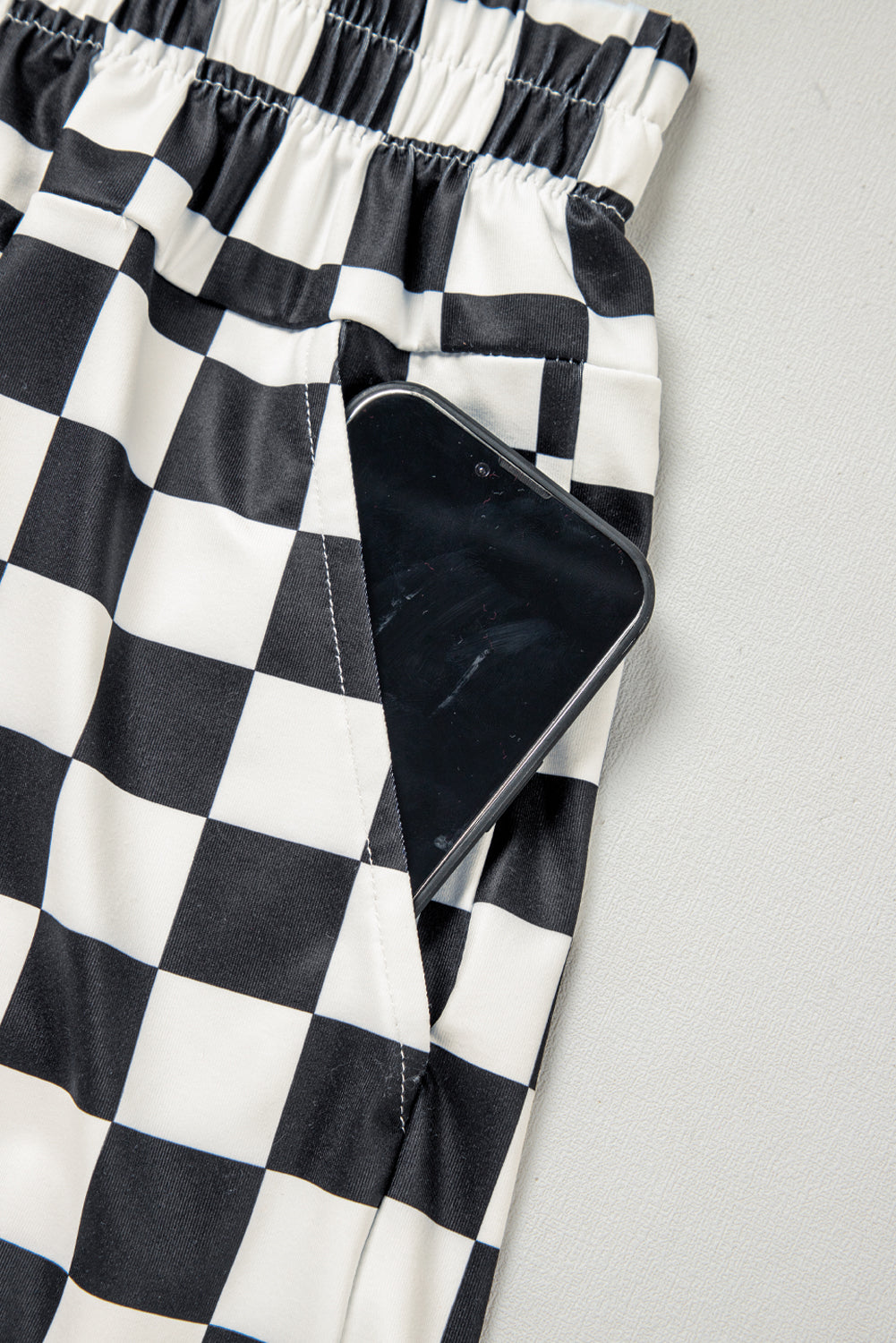 Black Checkered Print High Waist Casual Shorts