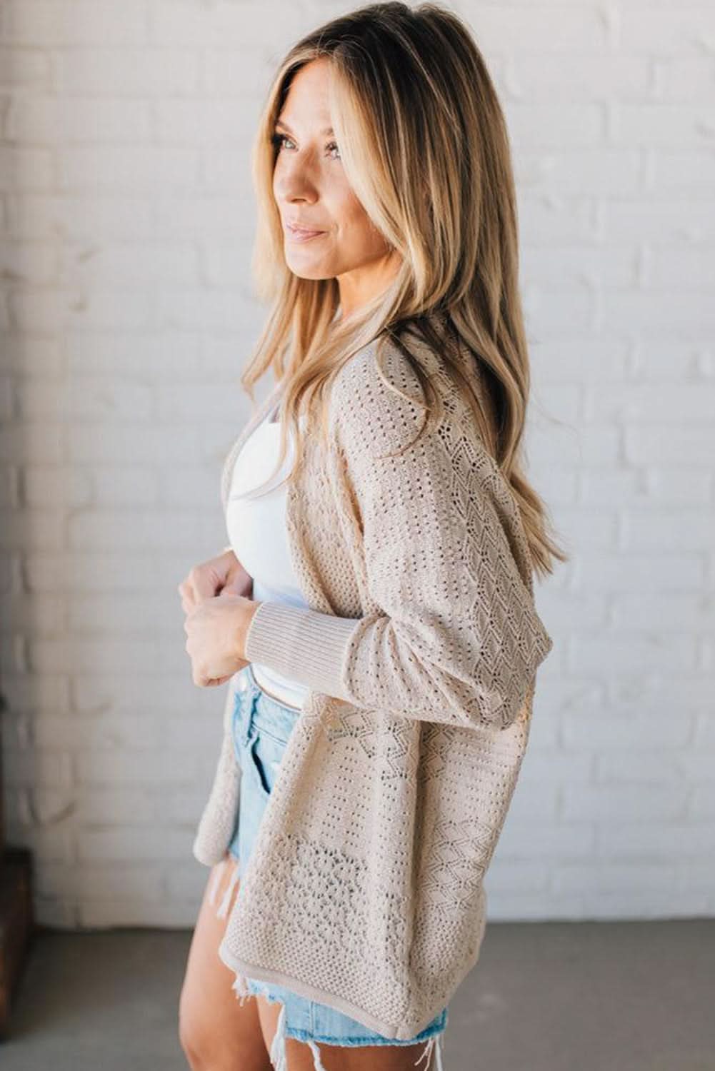 Jet Stream Mix Pattern Hollow Knit Open Front Cardigan