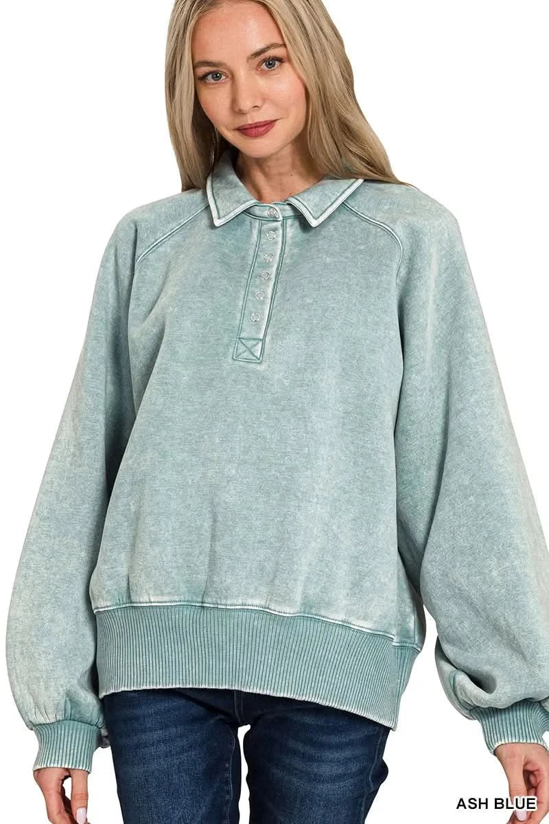Zenana Acid Wash Fleece Collared Sweatshirt Cozy Everyday