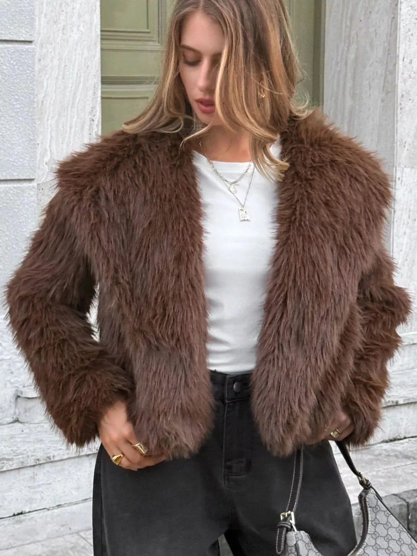 Open Front Faux Fur Cropped Jacket Women Lined Polyester