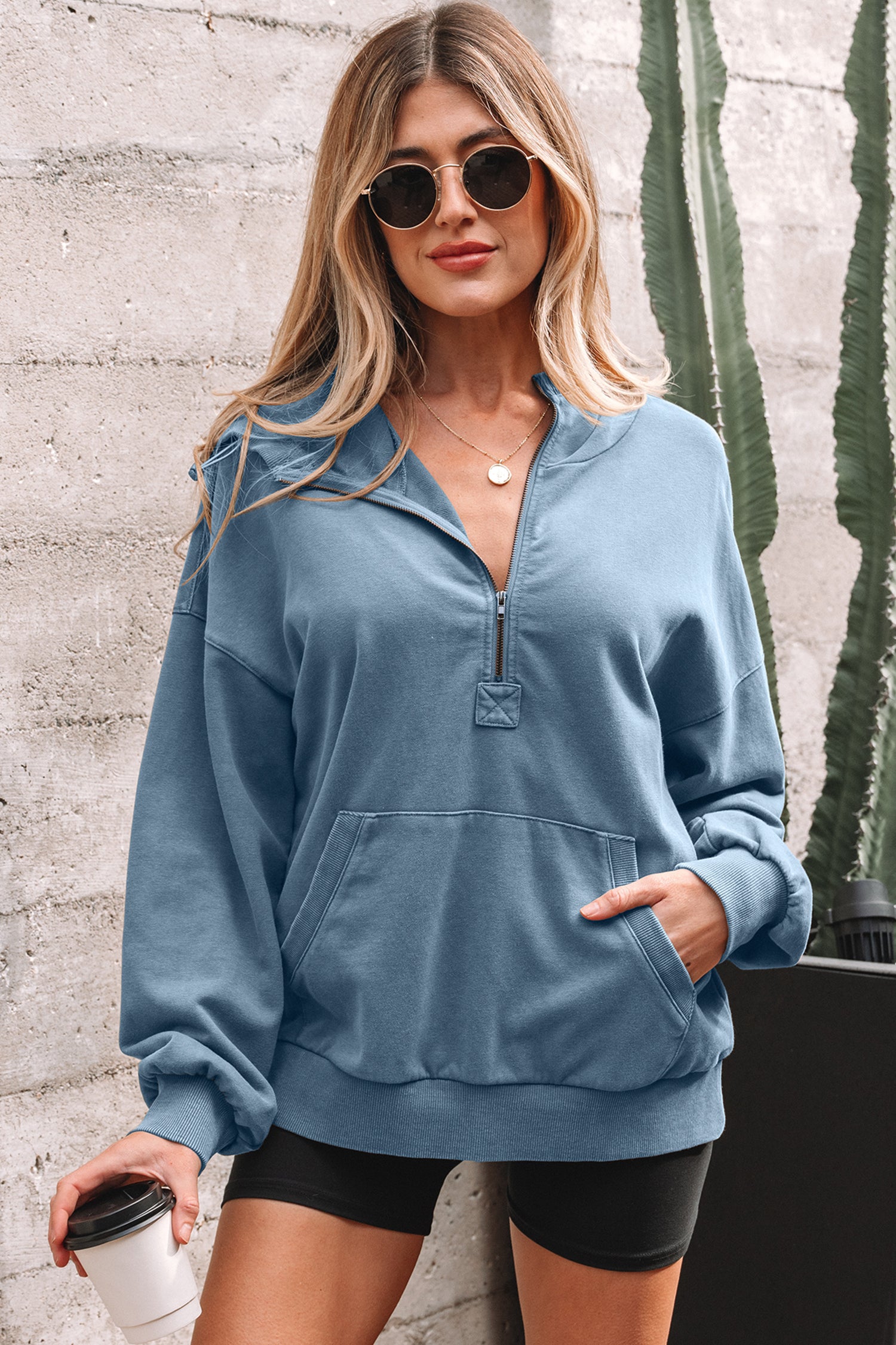 Elmwood Half Zip Kangaroo Pocket Mineral Wash Baggy Hoodie