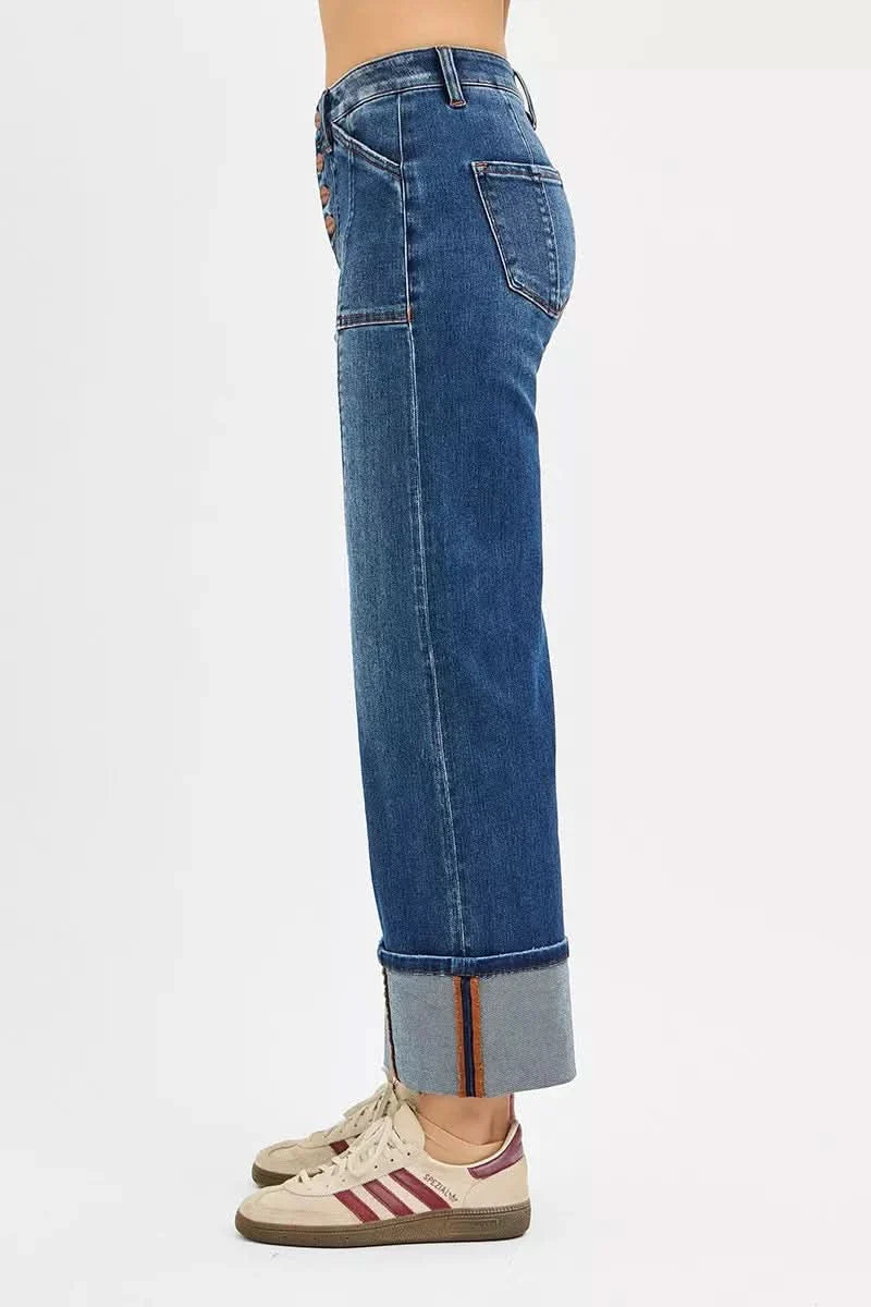 Risen Plus Size High Rise Crop Wide Straight Cuffed Jeans