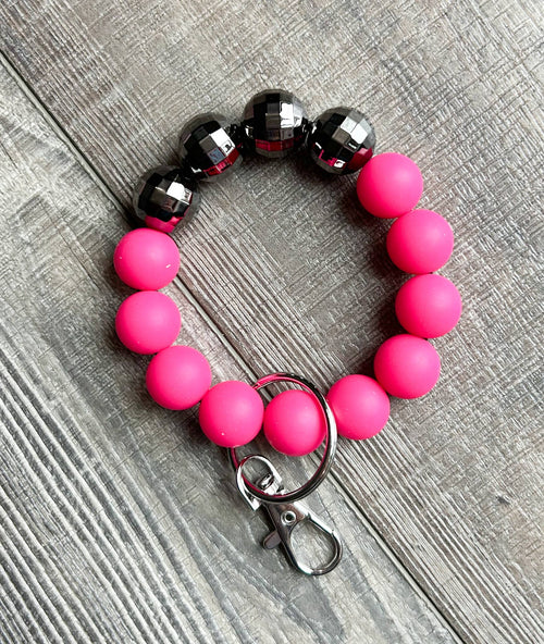 Bright Pink and Silver Disco Ball Wristlet Keychain
