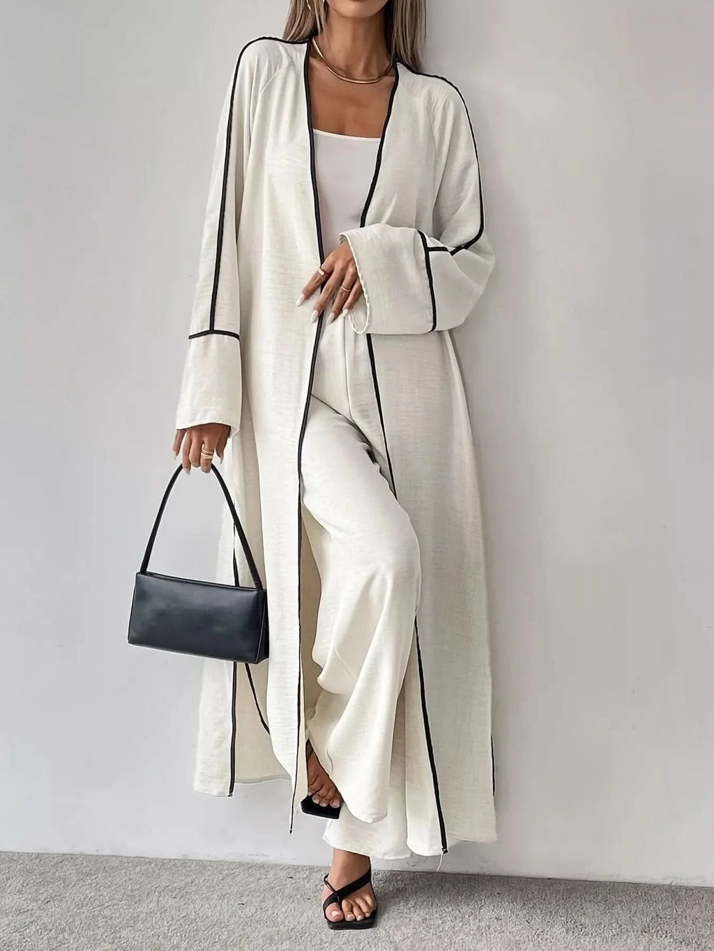 Contrast Trim Cardigan And Pants Set Two Piece Polyester Imported