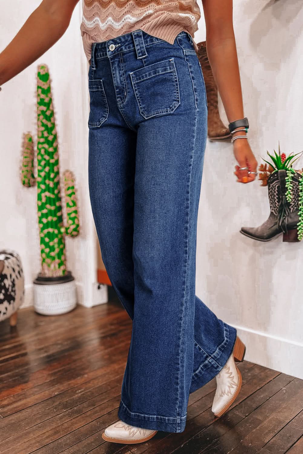 Sail Blue High Waist Wide Leg Jeans With Patch Pockets