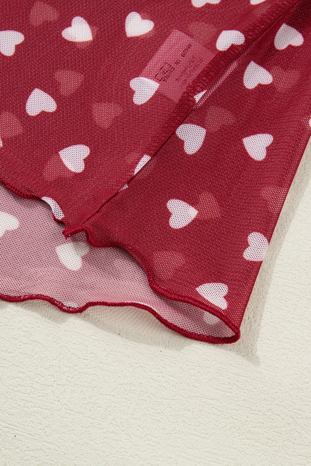 Red Allover Heart Print Mesh Short Sleeve Top