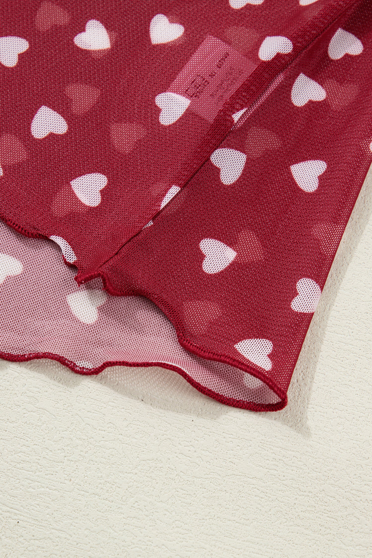 Red Allover Heart Print Mesh Short Sleeve Top