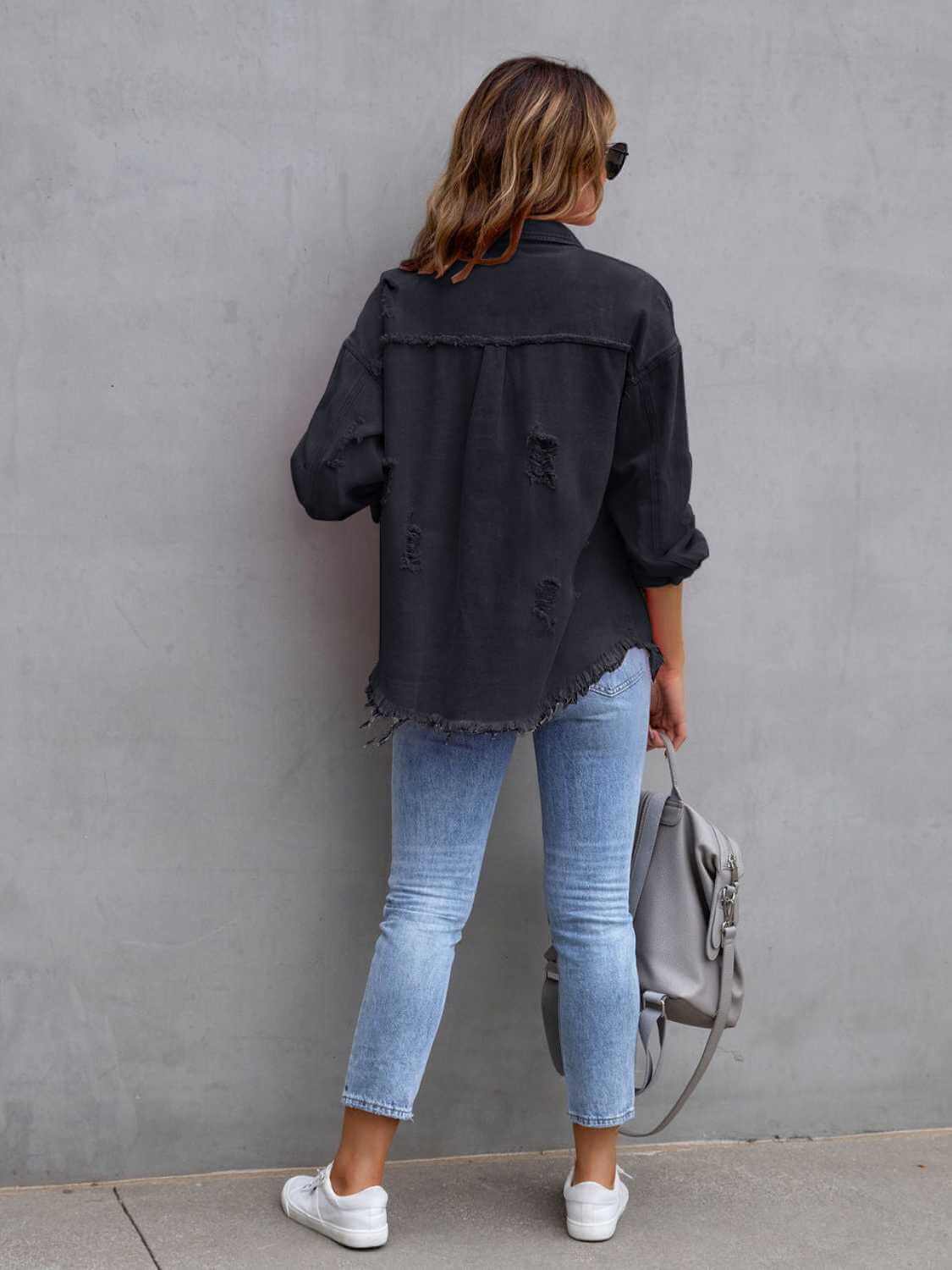 Distressed Drop Shoulder Fringe Denim Jacket Cotton Blend