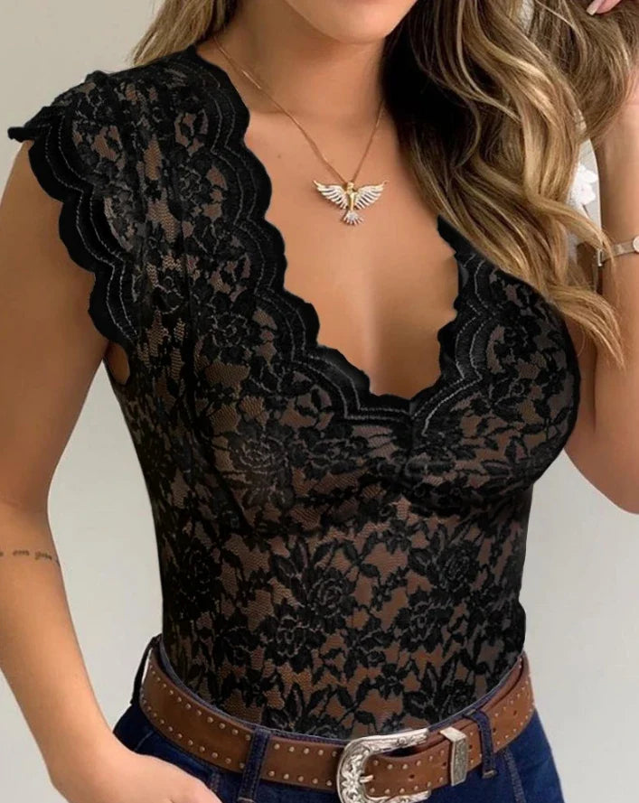 Bodysuit Women Summer Fashion Crochet Lace Sexy V Neck Cap Sleeve Skinny Semi-Sheer Bodysuit