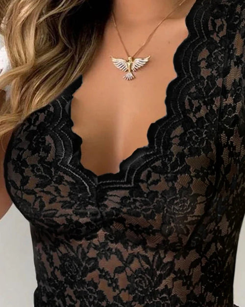 Bodysuit Women Summer Fashion Crochet Lace Sexy V Neck Cap Sleeve Skinny Semi-Sheer Bodysuit
