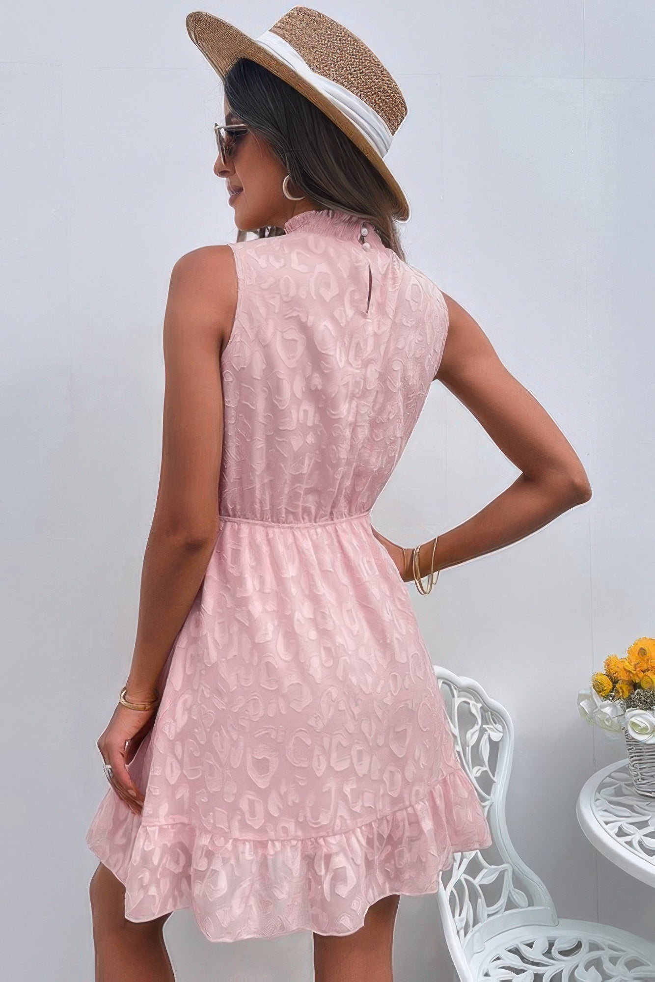 Sleeveless High Neck A Line Ruffle Hem Dress