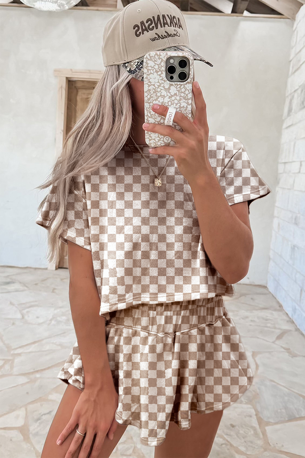 Brown Checkerboard T Shirt and High Waist Skorts 2 Piece Outfit