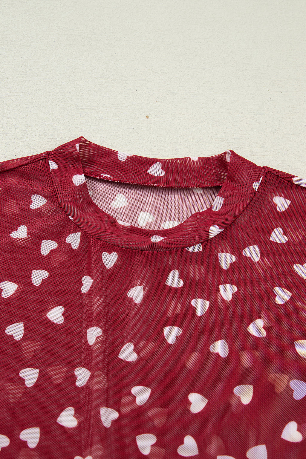 Red Allover Heart Print Mesh Short Sleeve Top