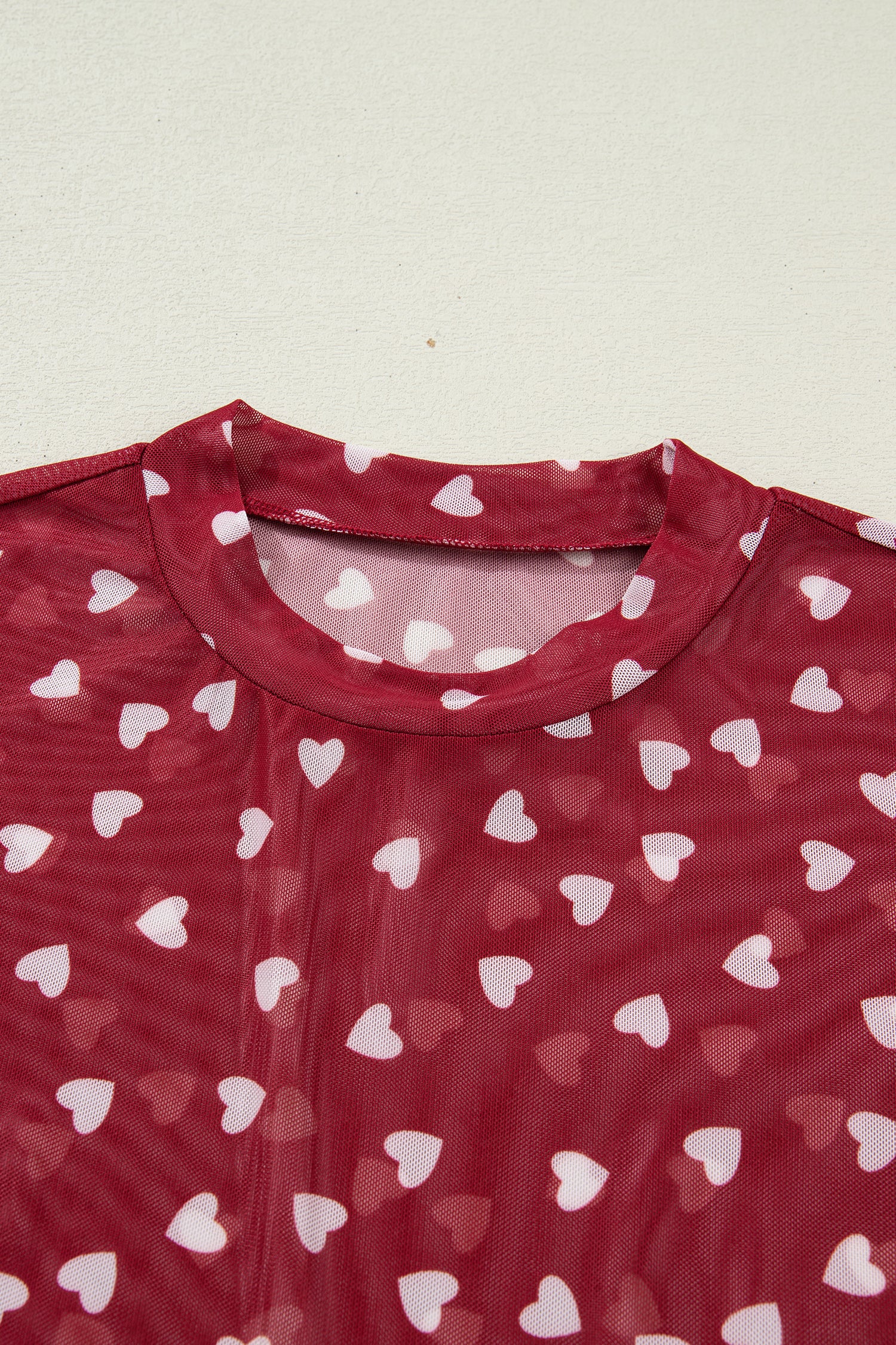 Red Allover Heart Print Mesh Short Sleeve Top
