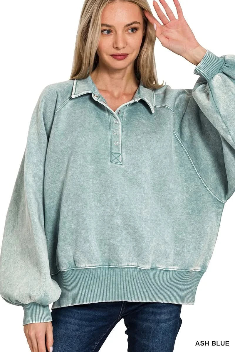 Zenana Acid Wash Fleece Collared Sweatshirt Cozy Everyday