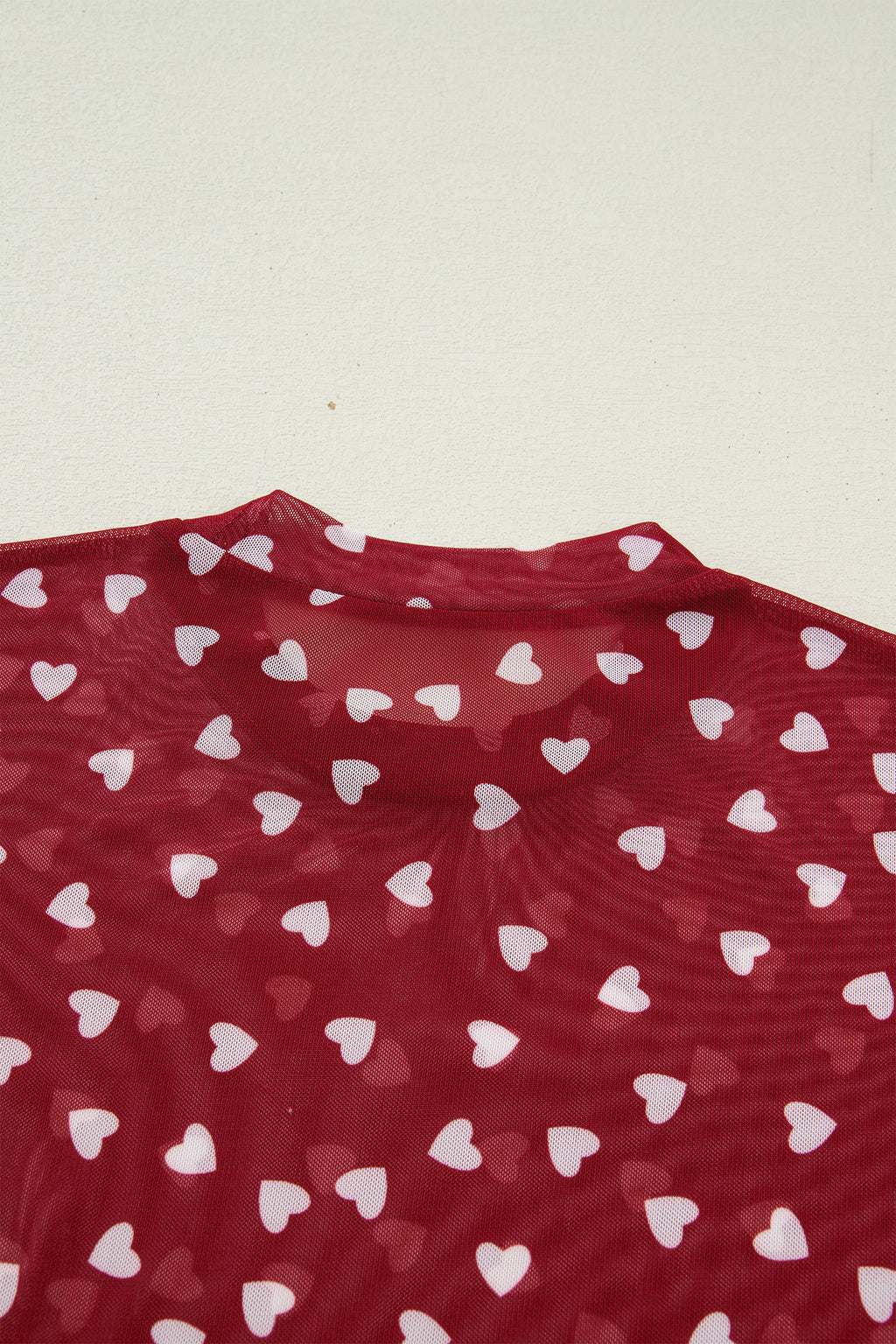 Red Allover Heart Print Mesh Short Sleeve Top