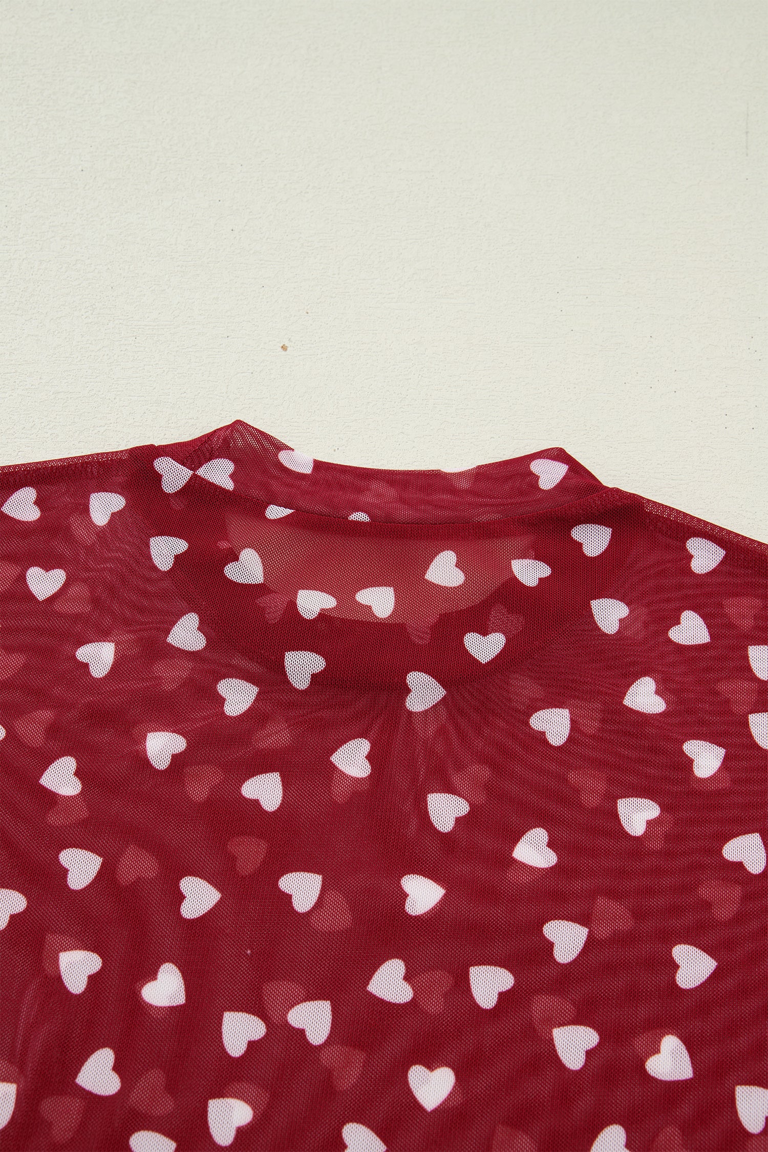 Red Allover Heart Print Mesh Short Sleeve Top