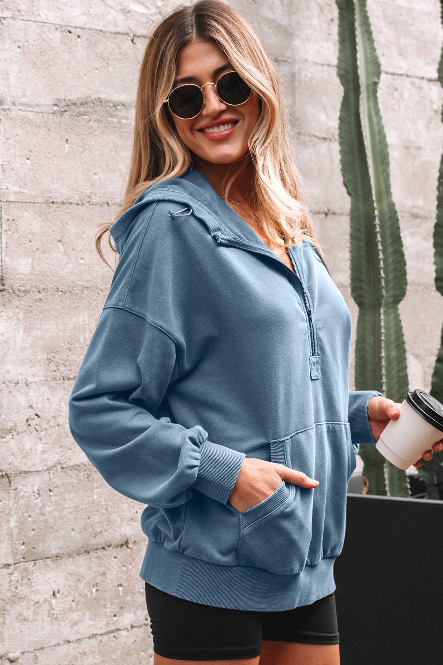 Elmwood Half Zip Kangaroo Pocket Mineral Wash Baggy Hoodie