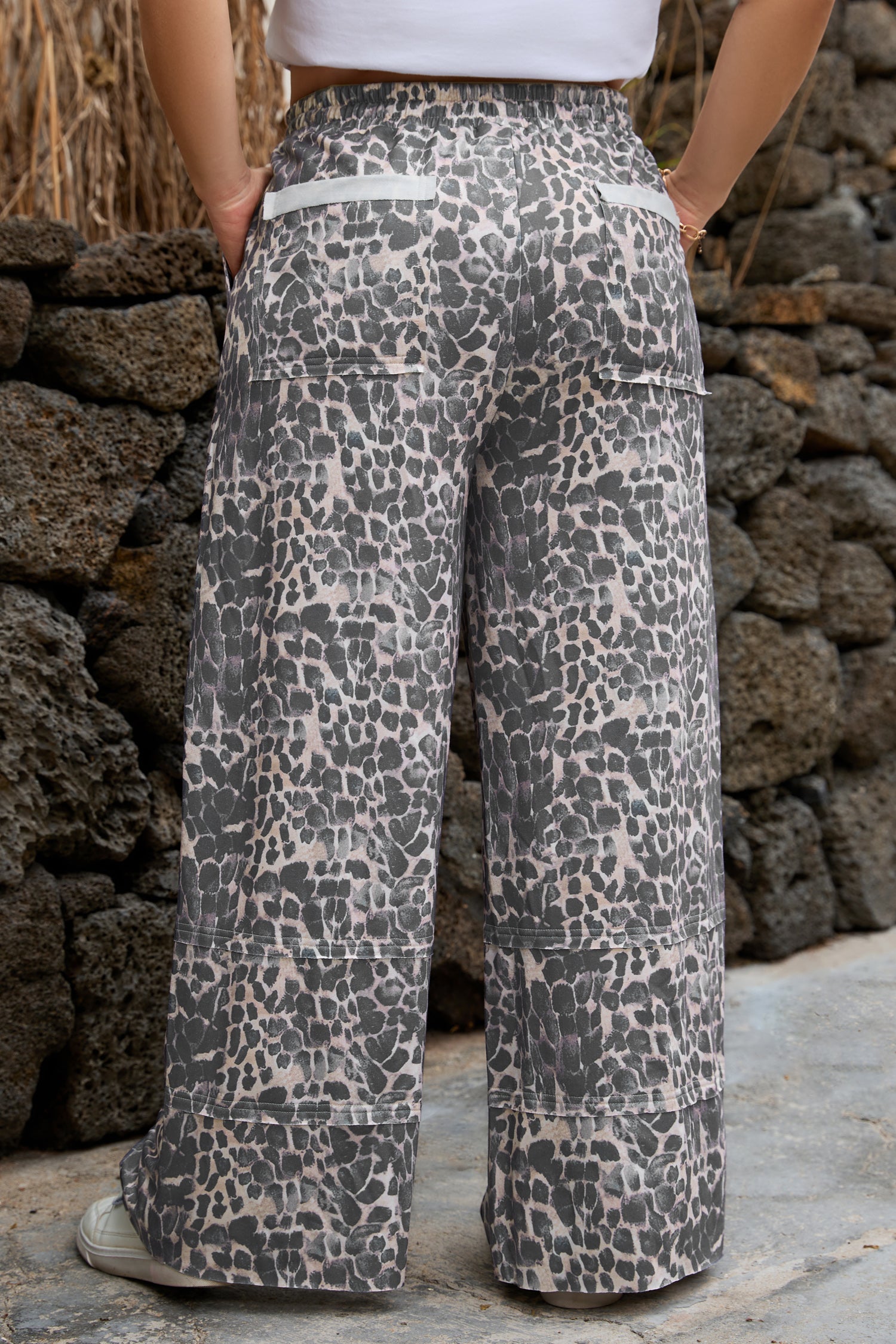 Khaki Plus Size Leopard Print Raw Edge Patch Pocket Drawstring Loose Pants