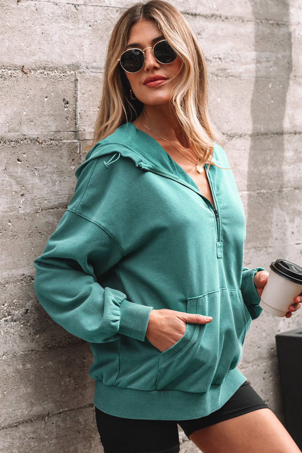 Elmwood Half Zip Kangaroo Pocket Mineral Wash Baggy Hoodie