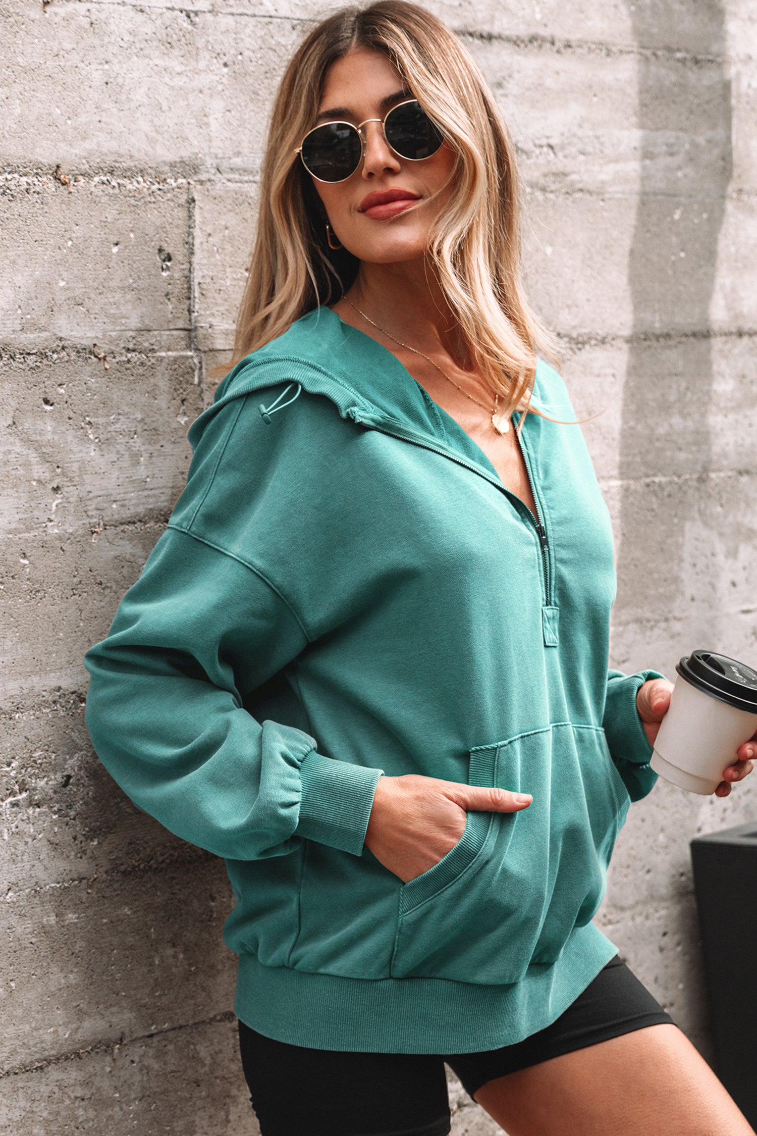 Elmwood Half Zip Kangaroo Pocket Mineral Wash Baggy Hoodie