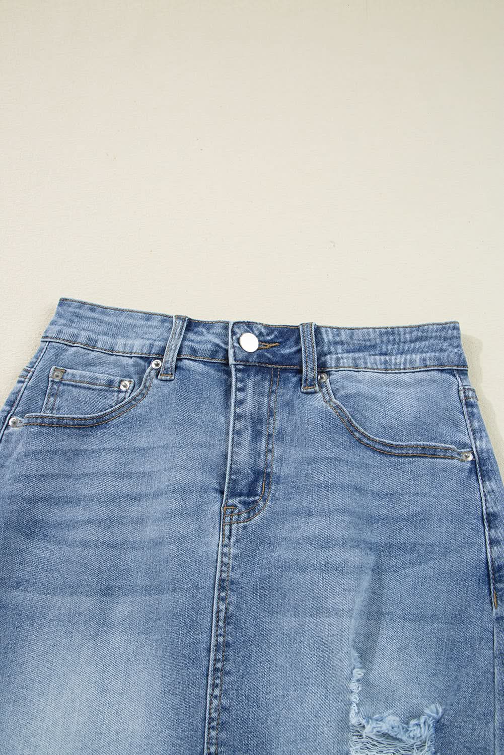 Myosotis Distressed Hem Denim Midi Skirt Irregular Look