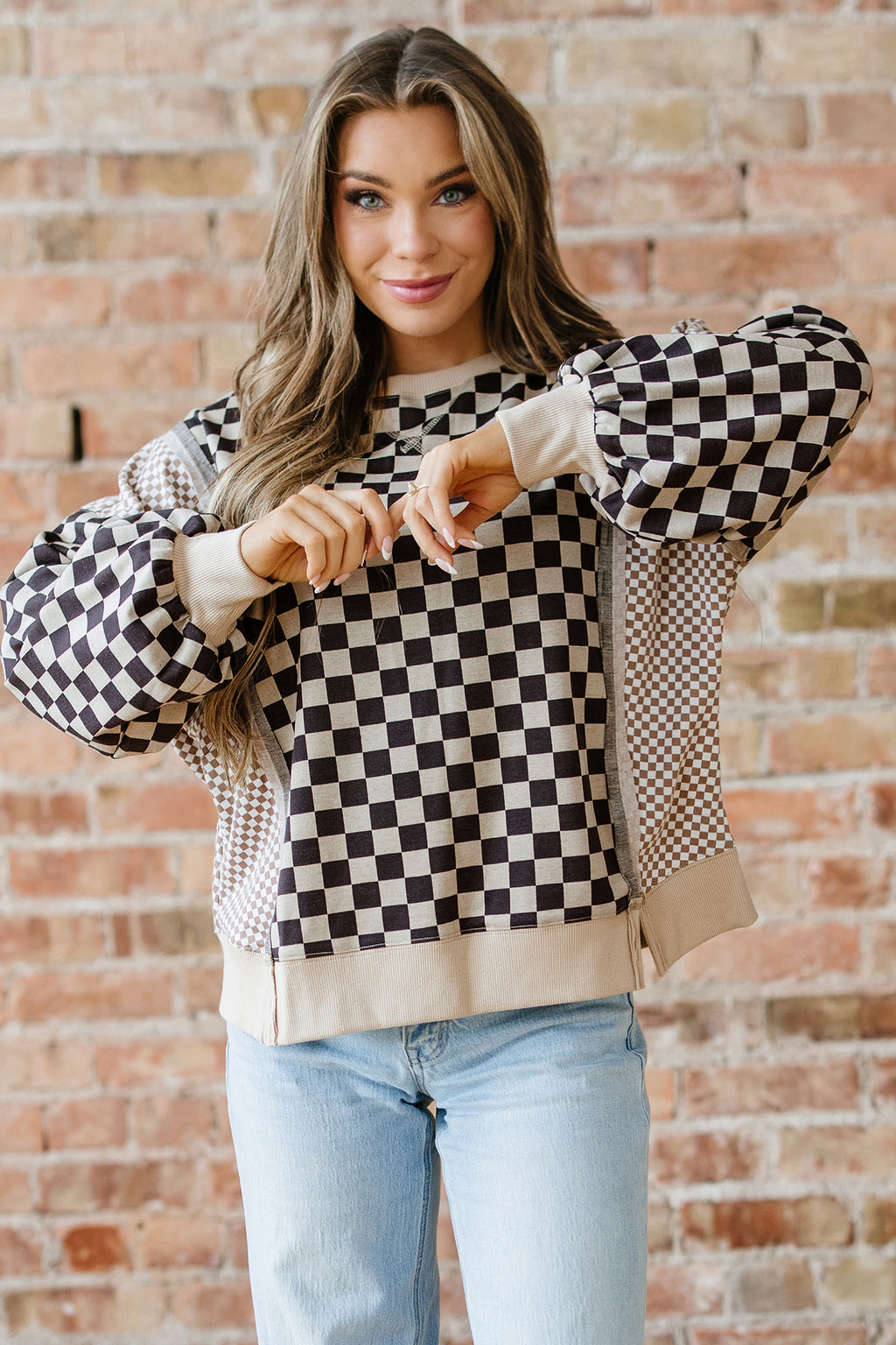 Khaki Mixed Checkered Pattern Patchwork High Low Casual Top
