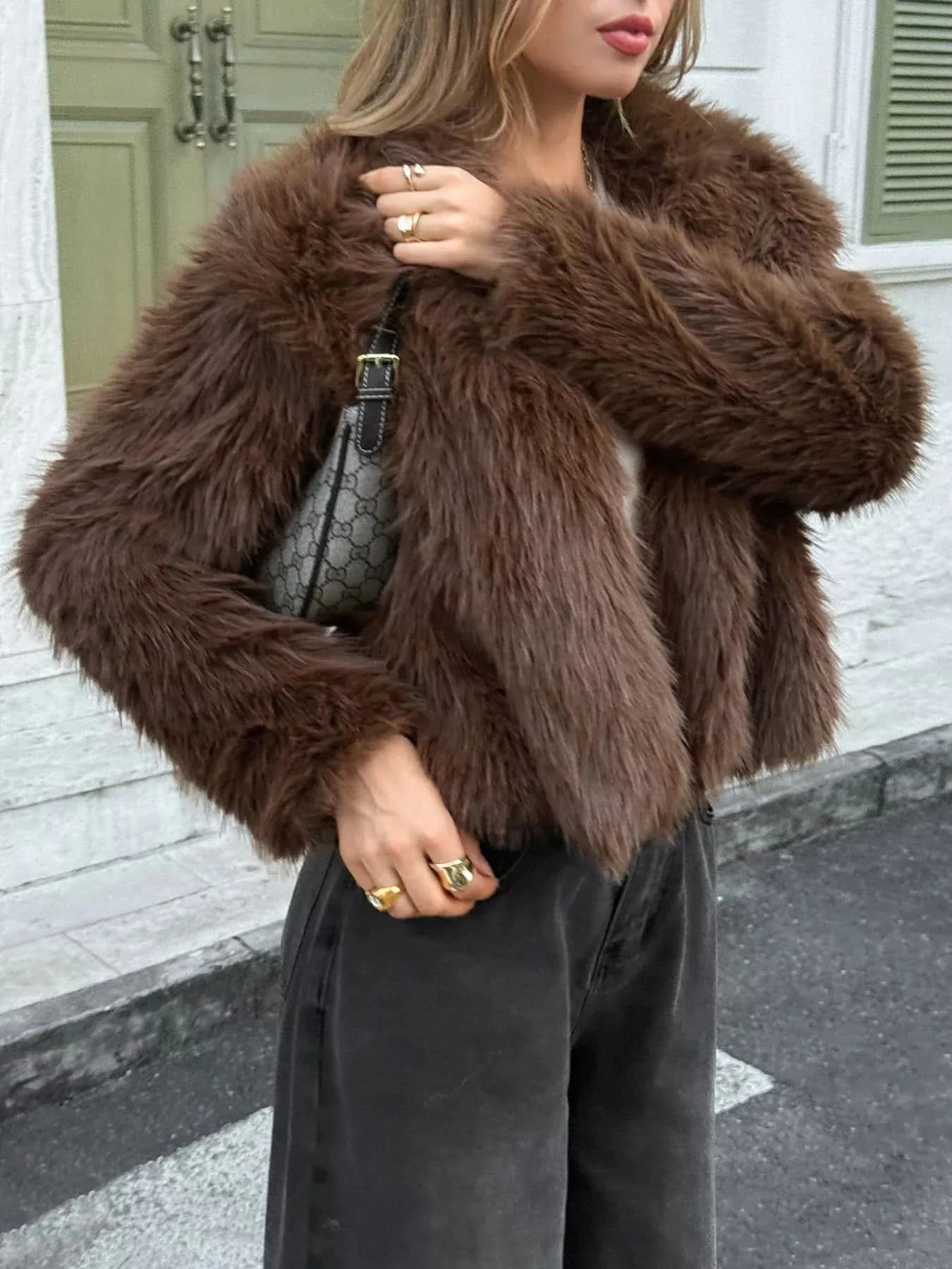 Open Front Faux Fur Cropped Jacket Women Lined Polyester