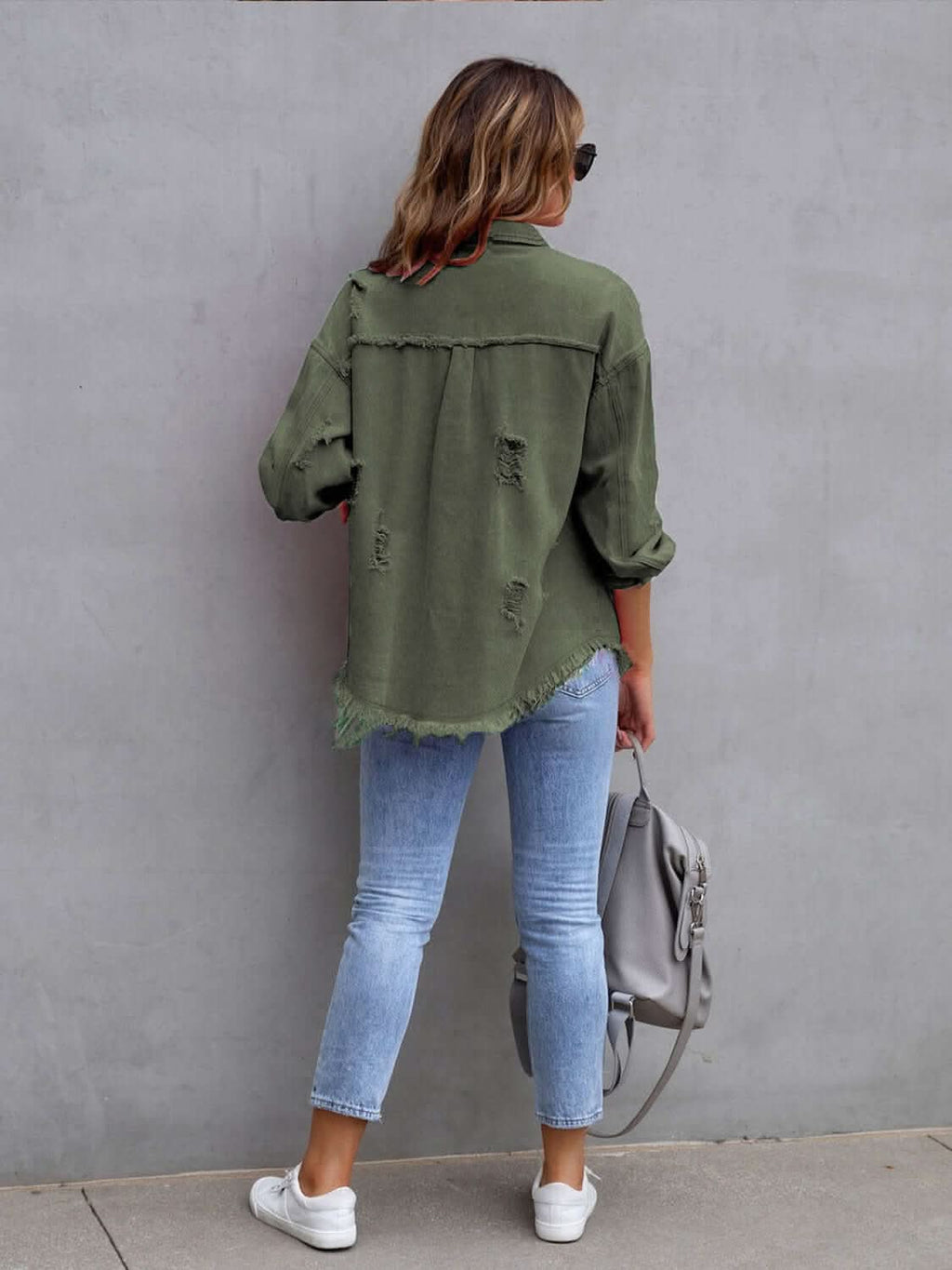 Distressed Drop Shoulder Fringe Denim Jacket Cotton Blend