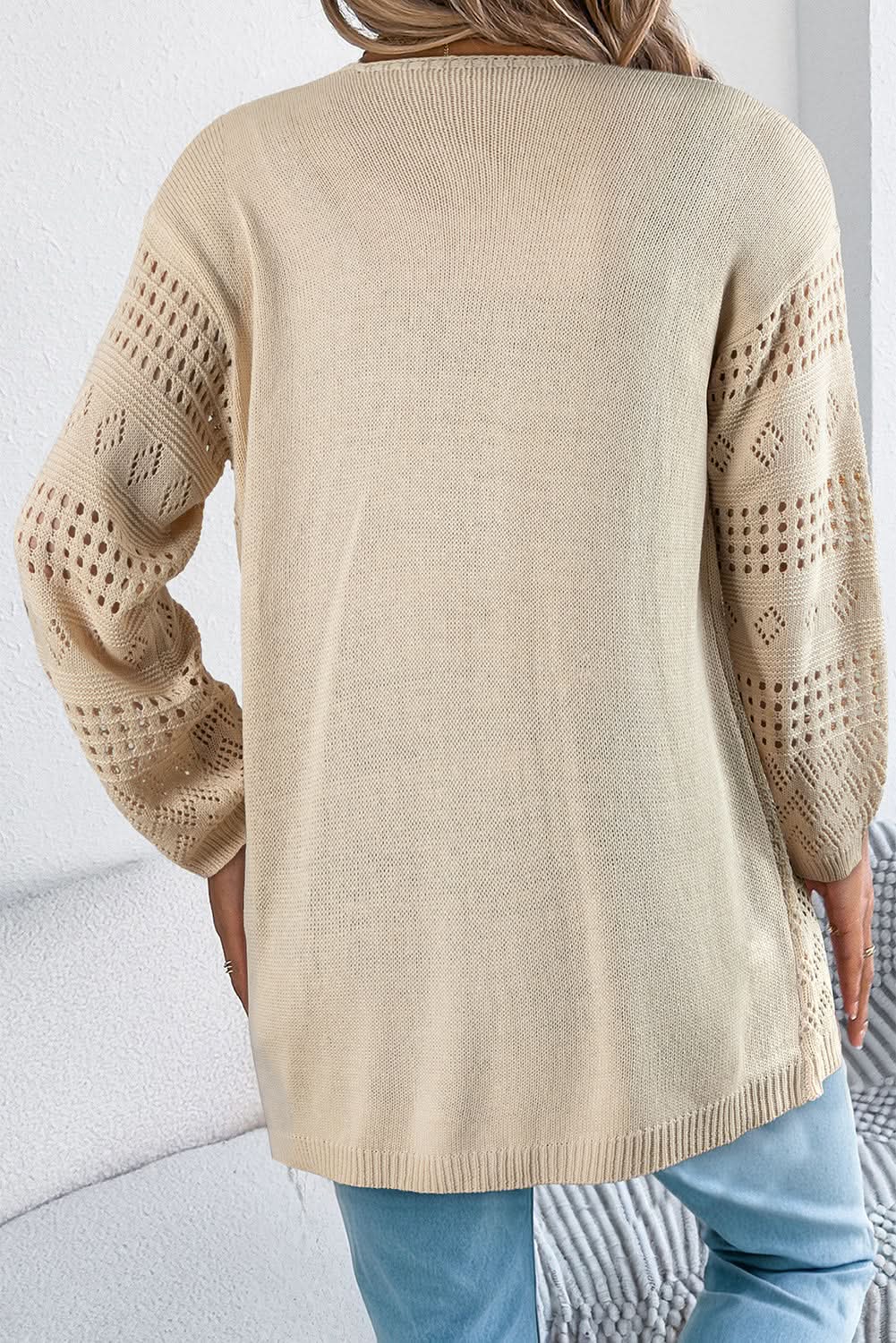 Smoke Gray Hollow Knit Cardigan With Eyelet Cutouts