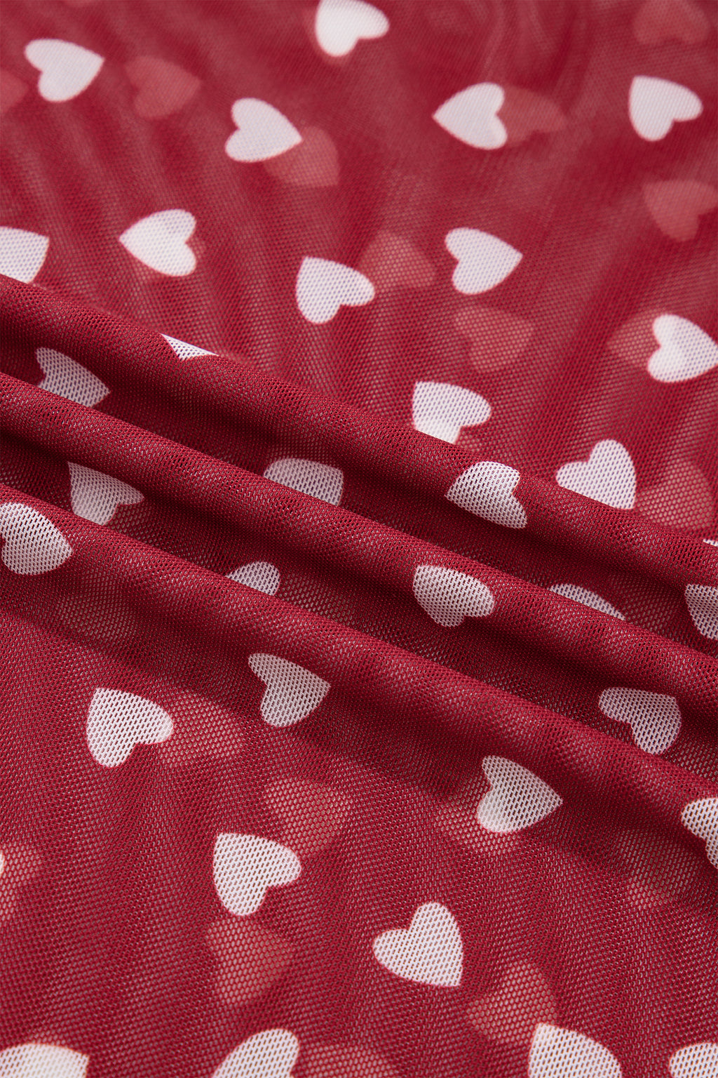 Red Allover Heart Print Mesh Short Sleeve Top